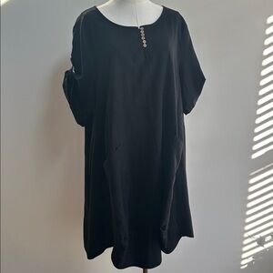 Neutral Black Cotton Linen Breathable Coastal Resort Wear Tunic Shirt Dress Boho